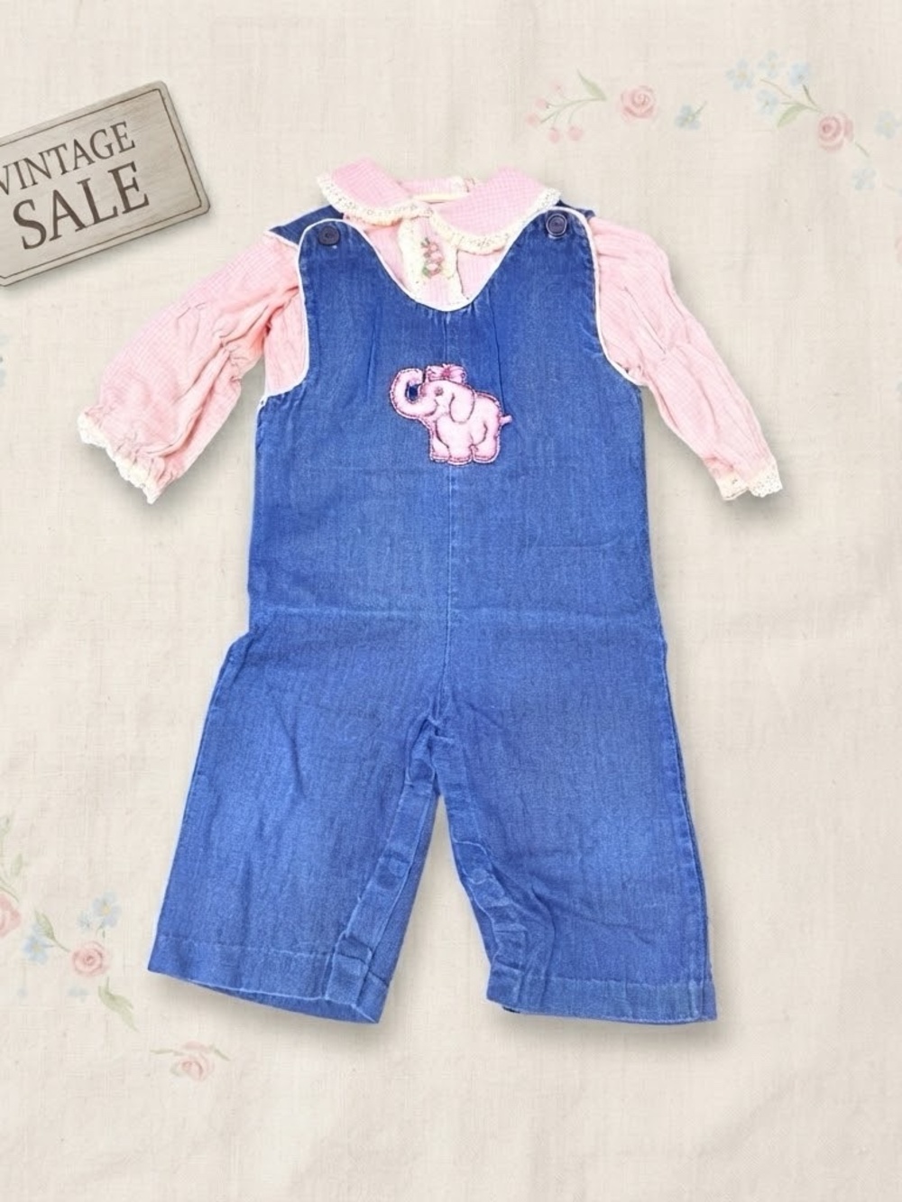 Vintage 80s Baby Girl Denim Overalls Set – Pink Gingham Elephant Appliqué Romper
